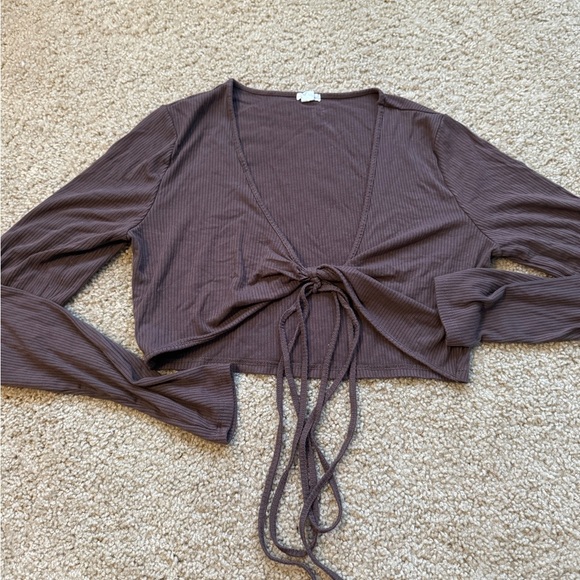 Garage Tops - Garage Brown Tie Front Crop Blouse